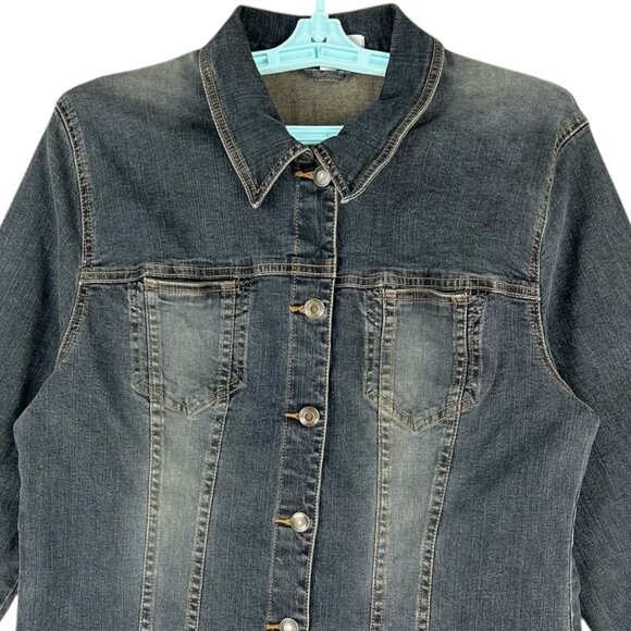 H&M Women's Stretch Dark Wash Blue Denim Jacket Size Medium Button-Up - Picture 3 of 12